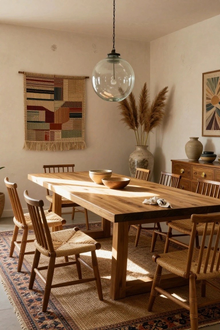 Sunlit dining room featuring a long wooden table with rush-woven chairs, a colorful woven wall hanging, pampas grass in a vase, ceramic pots on a wooden sideboard, and a patterned rug underneath.