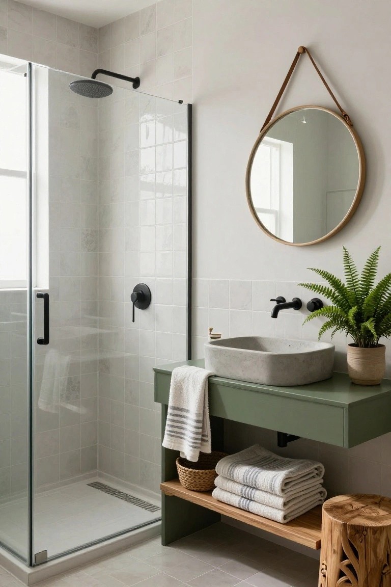 Modern bathroom with glass shower enclosure, matte black showerhead and faucets, sage green wall-mounted vanity topped with square concrete sink, round wood-framed mirror with leather strap, fern plant, stacked towels on open shelf below vanity, and carved wood stool.