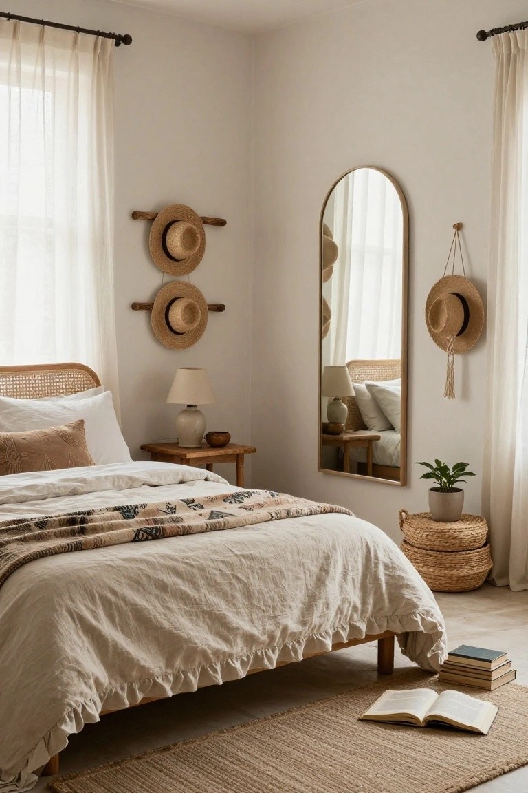 A light beige bedroom corner with rattan bed frame draped in white and cream linens, arched wood-framed mirror on wall, two pairs of straw hats hung on wooden pegs, wooden nightstand with ceramic lamp and plant, potted plants, and seagrass rug on floor.