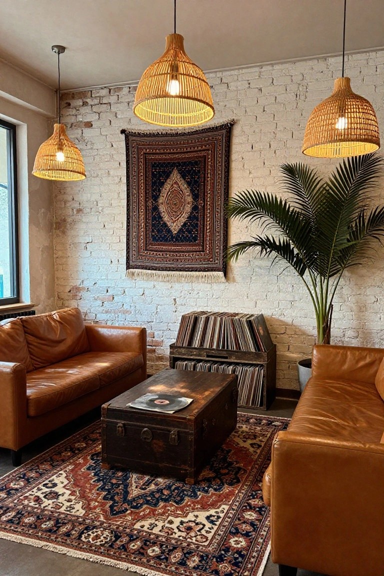 Cozy indoor lounge with two tan leather sofas facing a wooden trunk coffee table holding a vinyl record on a multicolored Persian rug, rattan pendant lights overhead, vinyl record crates against white brick wall, tapestry hanging nearby, and potted palm plant.
