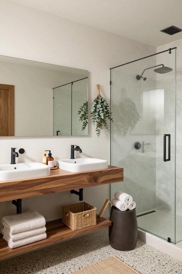 Modern bathroom with floating walnut wood vanity holding two white sinks and black faucets, open shelves storing white towels and woven baskets, glass shower enclosure nearby, and terrazzo tile floor.