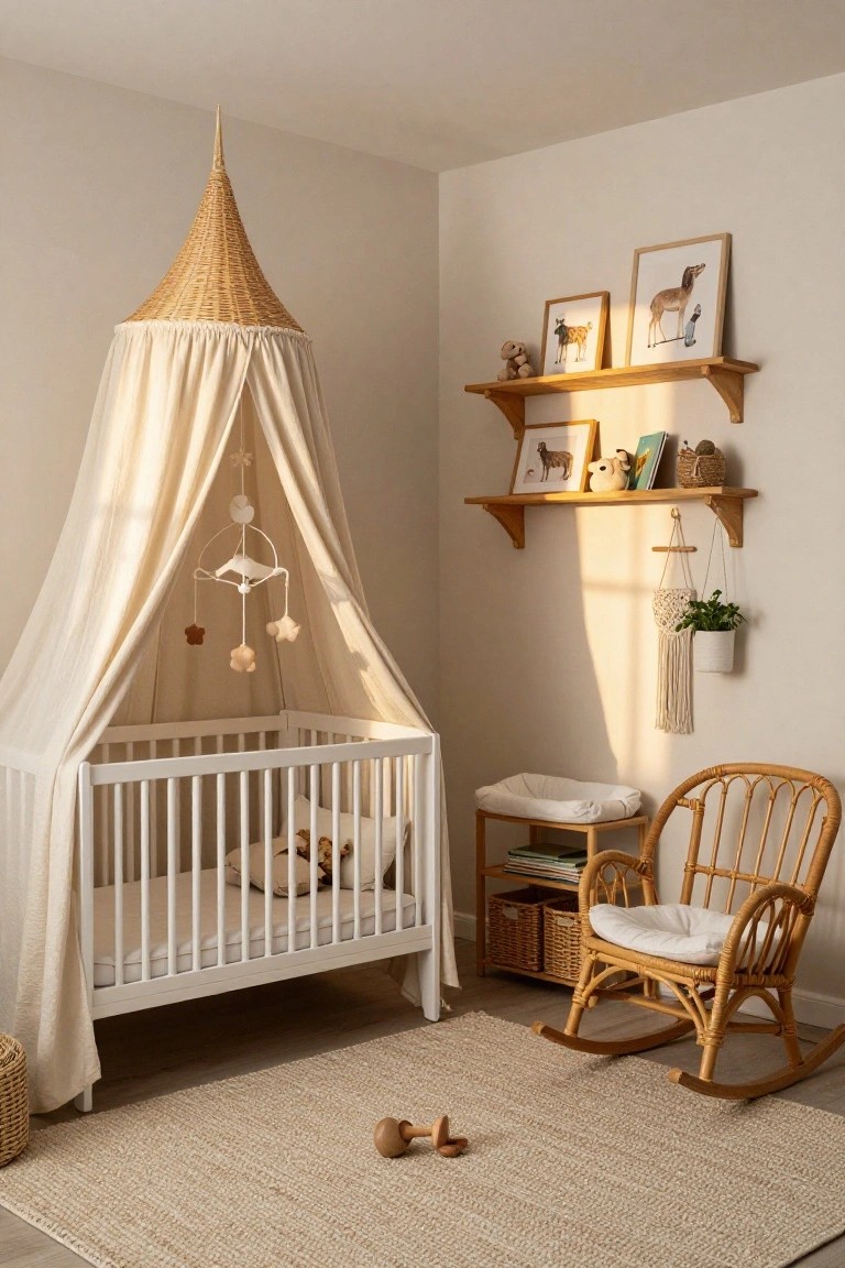 A nursery room with a white crib under a conical beige fabric canopy topped by pointed woven rattan, wooden shelves holding books and toys, a rattan rocking chair, changing table, plants, and toys on a beige seagrass rug.
