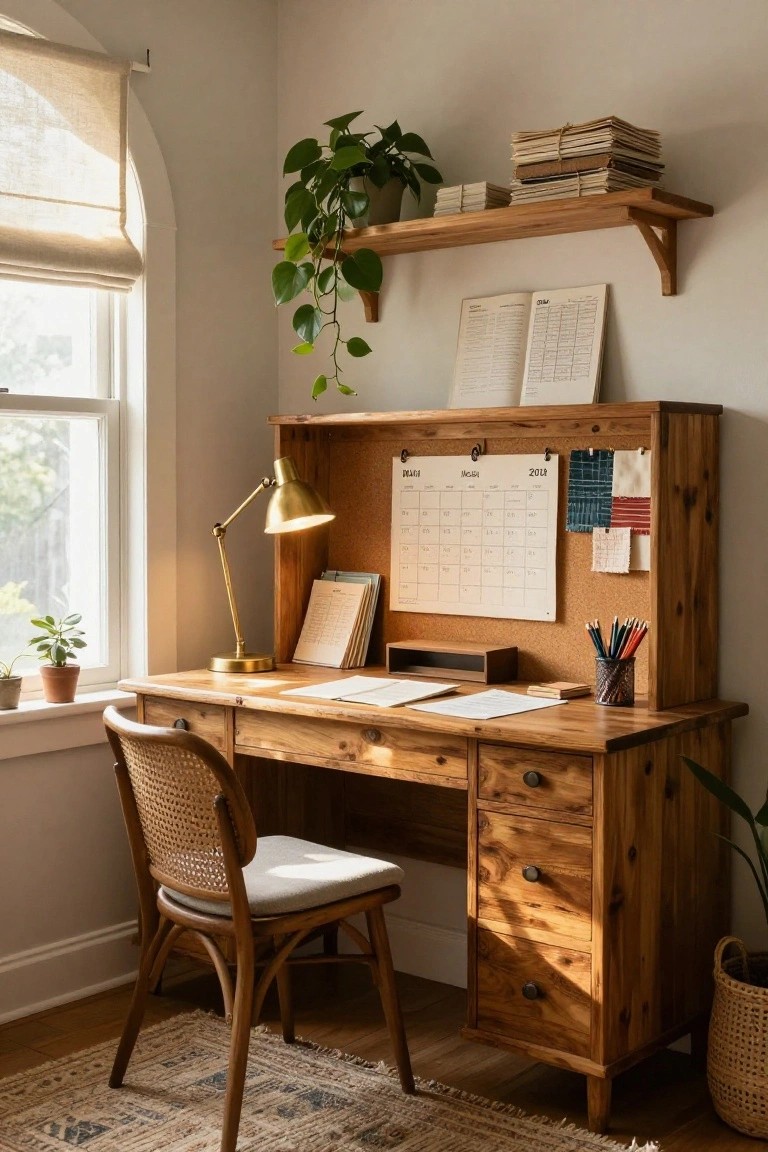 Wooden desk with hutch featuring corkboard calendar, brass lamp, rattan chair, plants, and shelves in a light-filled room with beige walls and arched window.