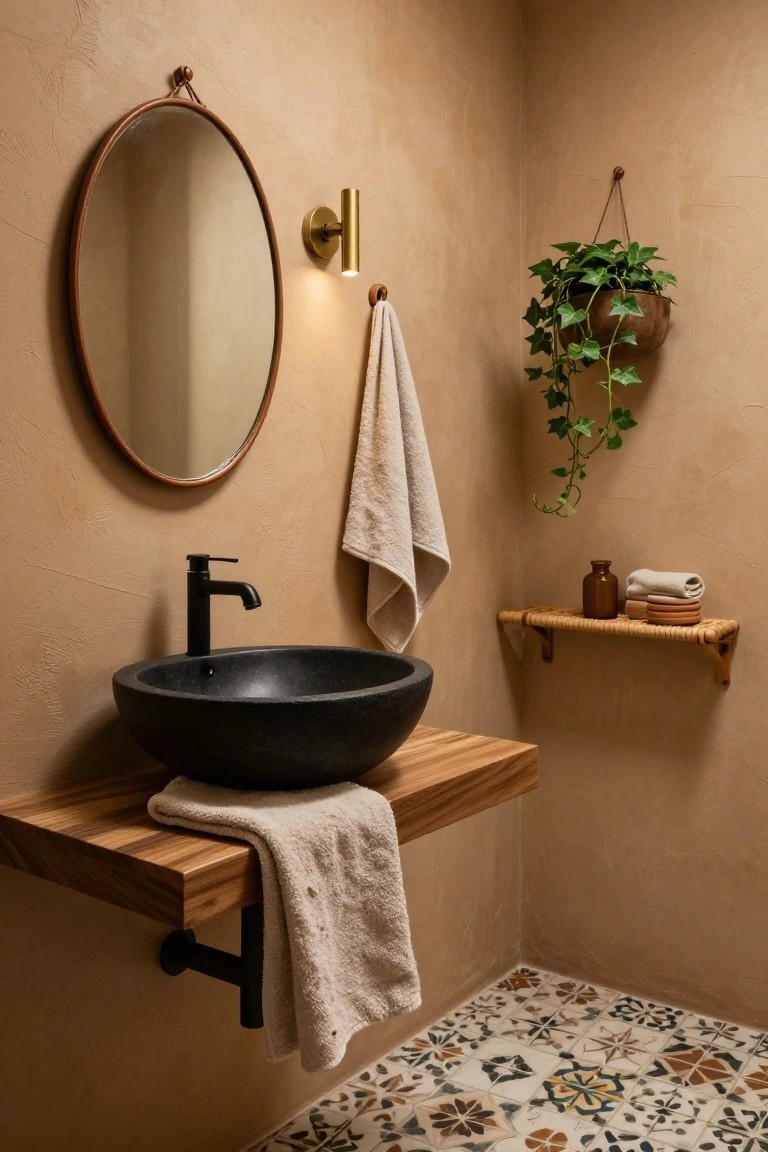 Bathroom corner with round black stone vessel sink on floating wooden shelf, leather-strapped round mirror with wall light, hanging ivy plant, folded towels on rattan shelf, and patterned tile floor against textured beige walls.