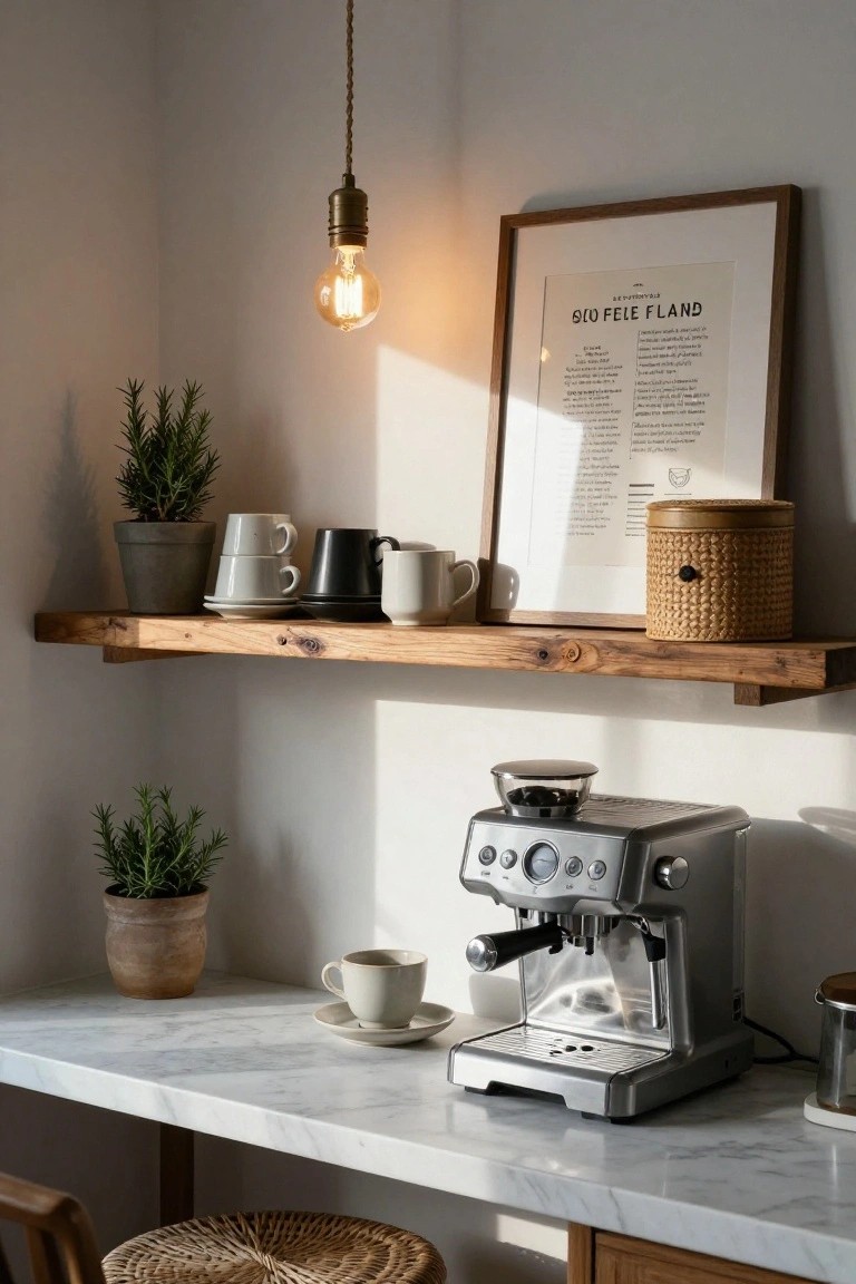 Corner kitchen setup with rustic wooden open shelf displaying stacked white ceramic mugs and saucers, a black mug, white cup, woven basket, potted rosemary plants, and framed recipe poster, above white marble counter holding Breville espresso machine, white teacup and saucer, another potted rosemary, and metal canister.