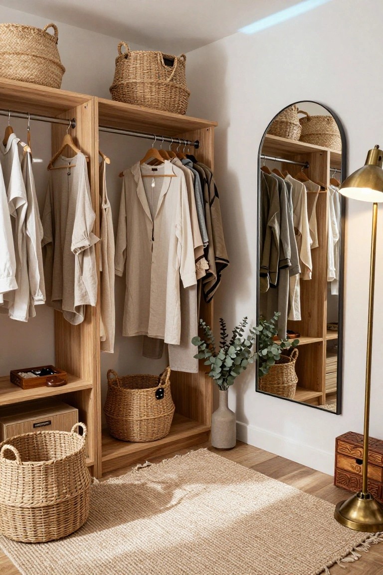 Light wood open shelving wardrobe in a closet room with hanging neutral linen shirts, dresses, and jackets, multiple seagrass baskets on shelves and floor for storage, arched black mirror, eucalyptus stems in a vase, brass floor lamp, and seagrass rug.