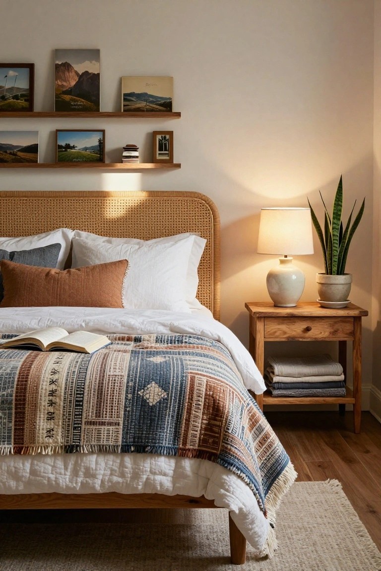 Bedroom with rattan headboard, white bedding, multicolored quilt, wooden nightstand holding lamp and snake plant, floating wooden shelves displaying photos above the bed.