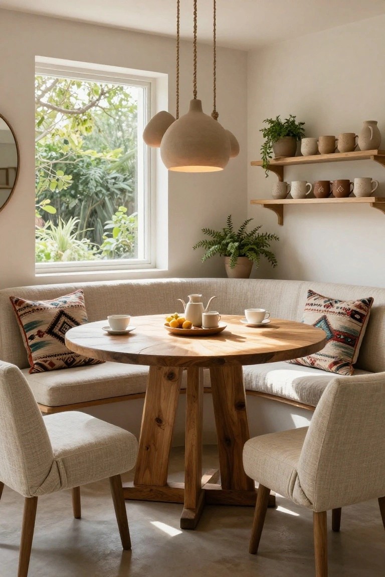 Light beige corner bench with patterned cushions and two upholstered chairs around a round wooden pedestal table set with teacups and fruit in a white kitchen with potted plants, pottery shelves, and a large window showing outdoor greenery.