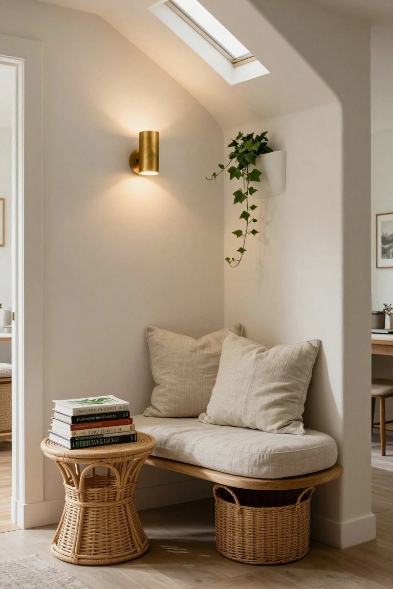 Corner bench with beige linen cushions and curved wooden seat, rattan side table with stacked books, ivy plant in white wall planter, gold wall light, skylight above, and wooden floors in white room.