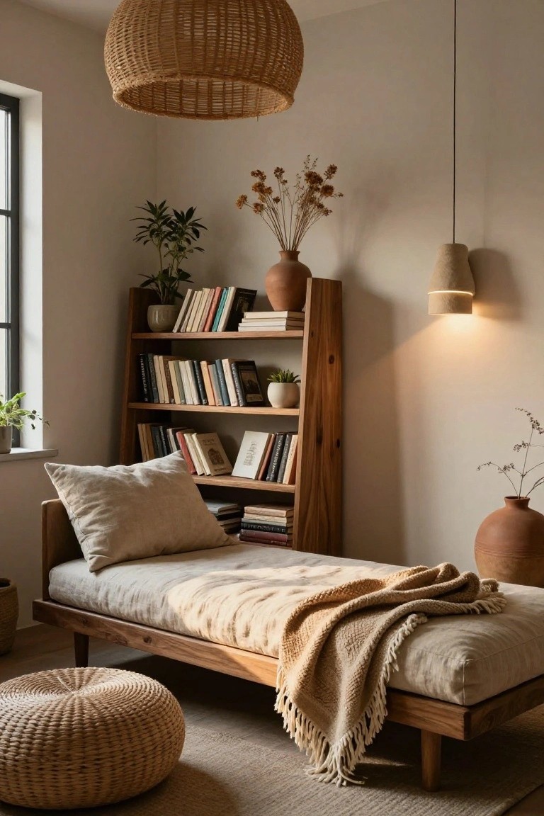 Indoor room with a low wooden daybed covered in beige linen sheets and a knit throw, next to a wooden ladder bookshelf holding books and potted plants, rattan pendant light overhead, woven pouf stool on a seagrass rug, and terracotta vases with dried flowers.