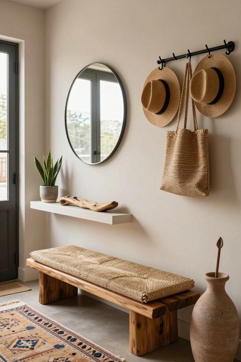 Beige entryway interior with wooden bench cushioned in seagrass, round mirror on wall, floating shelf with snake plant and driftwood piece, black hooks holding two straw hats and woven bag, tall terracotta vase with stick, and patterned rug on concrete floor.