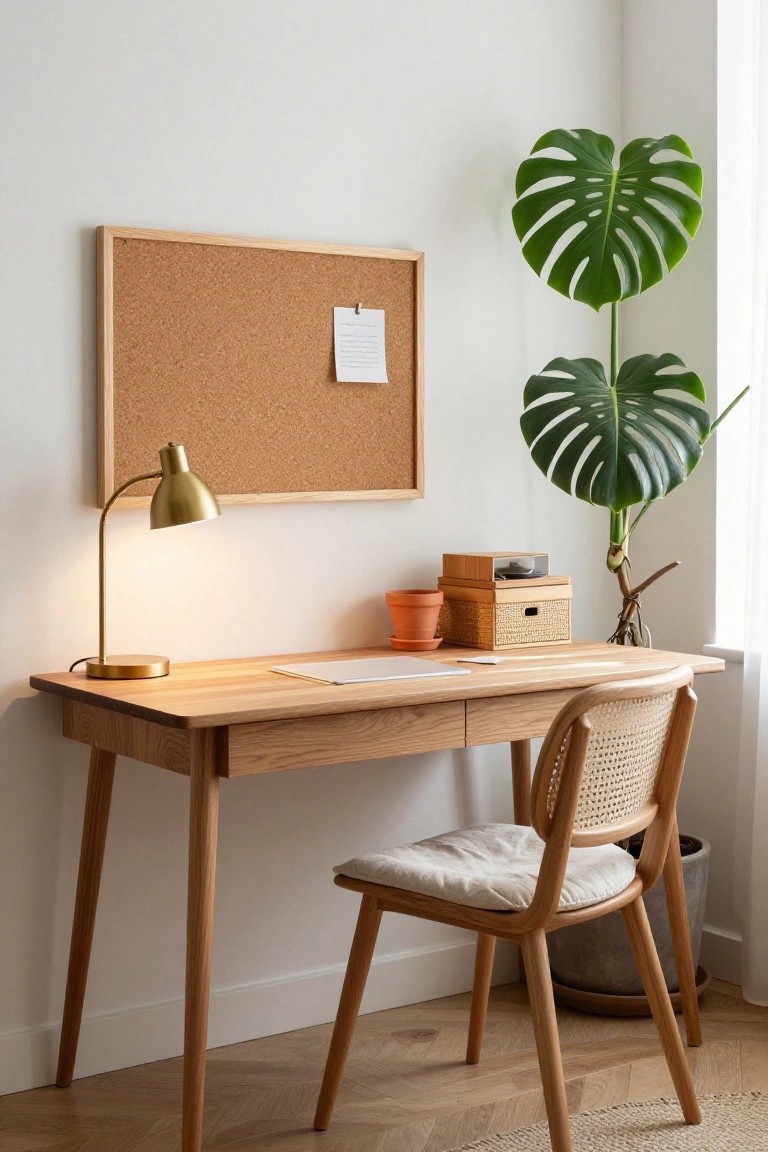 Corner indoor workspace with light wooden desk, rattan chair with white cushion, gold desk lamp, cork bulletin board on white wall, tall monstera plant in gray pot, wooden boxes, terracotta pots, and parquet floor.