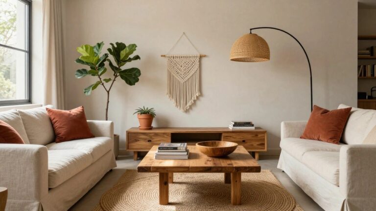 Bright living room featuring a white linen sofa with orange pillow, low wooden coffee table topped with books and wooden bowl on round seagrass rug, fiddle leaf fig plant in terracotta pot beside built-in wooden bookshelf, black arc floor lamp, and white macrame wall hanging.