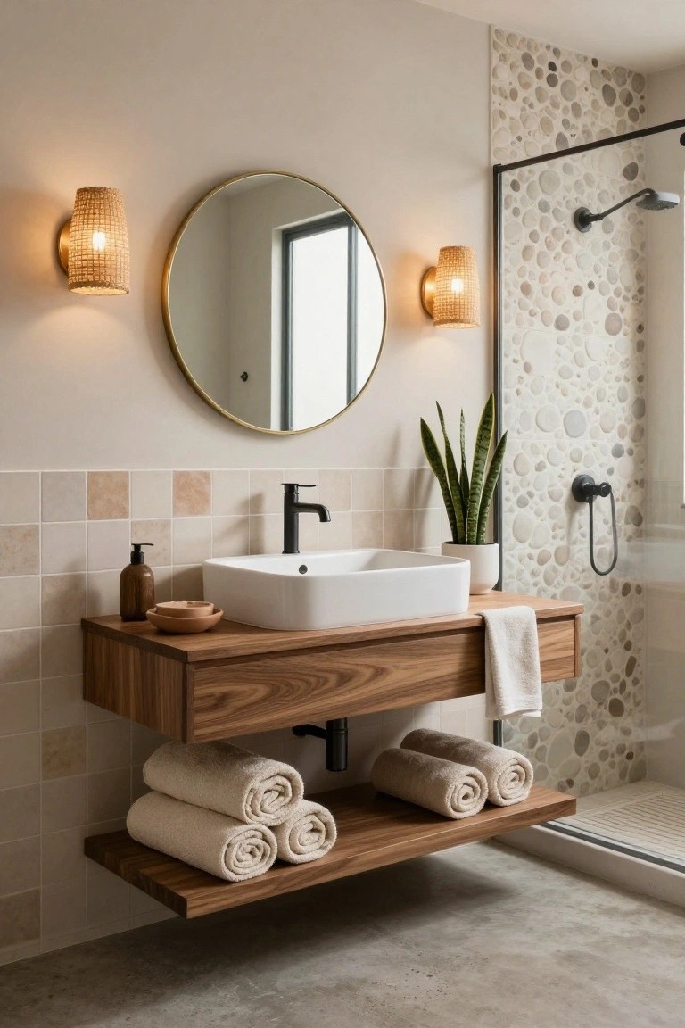 Modern bathroom with floating wooden vanity under round gold mirror, rattan sconces, beige tile backsplash, white sink, pebble tile shower enclosure, snake plant in white pot, and stacked white towels on open shelf.