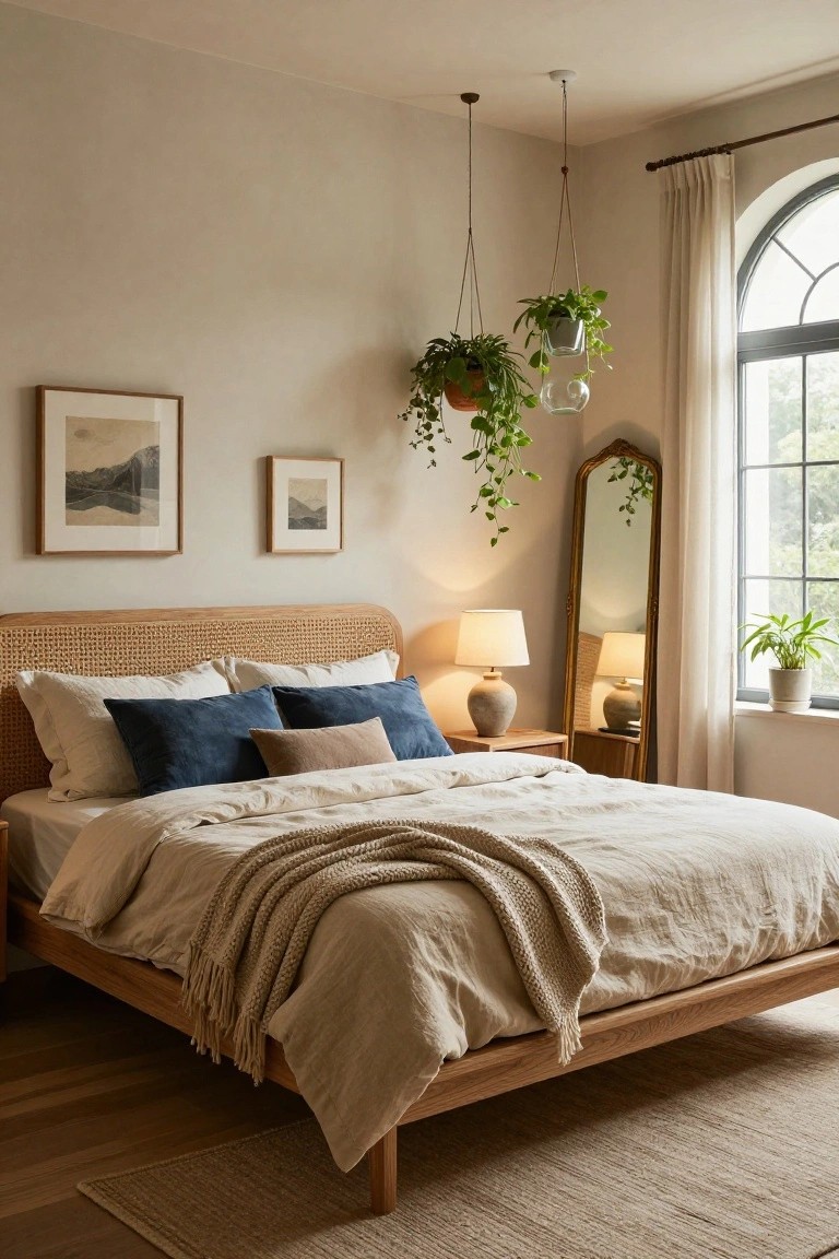 Bedroom with rattan headboard bed dressed in white linens, blue and beige pillows, knitted throw, two hanging potted trailing plants from ceiling ropes, gold arched mirror, ceramic lamps on wood nightstand, potted plant by arched window with white curtain, seagrass rug on wood floor.