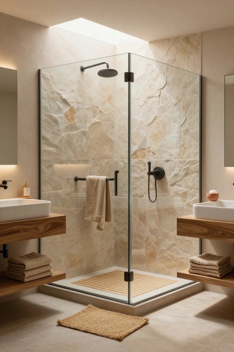 Contemporary bathroom with corner glass shower enclosure featuring textured beige stone walls, dual floating wooden vanities with white vessel sinks, black metal fixtures, folded towels, and a teak wood shower mat on beige tile floor.