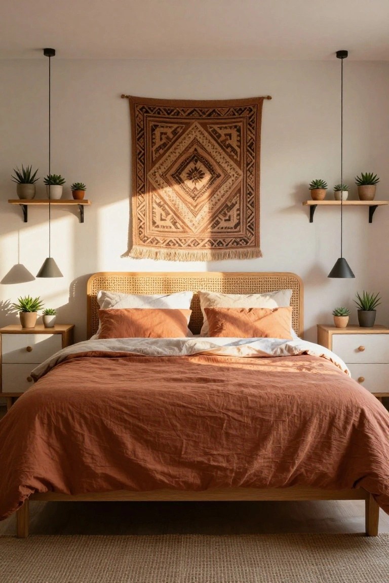 Bedroom interior with a beige rattan headboard bed draped in terracotta linens, white nightstands holding potted succulents, floating shelves with plants flanking a large woven orange and brown tapestry wall hanging, pendant lights, and a seagrass rug on light wood floors.