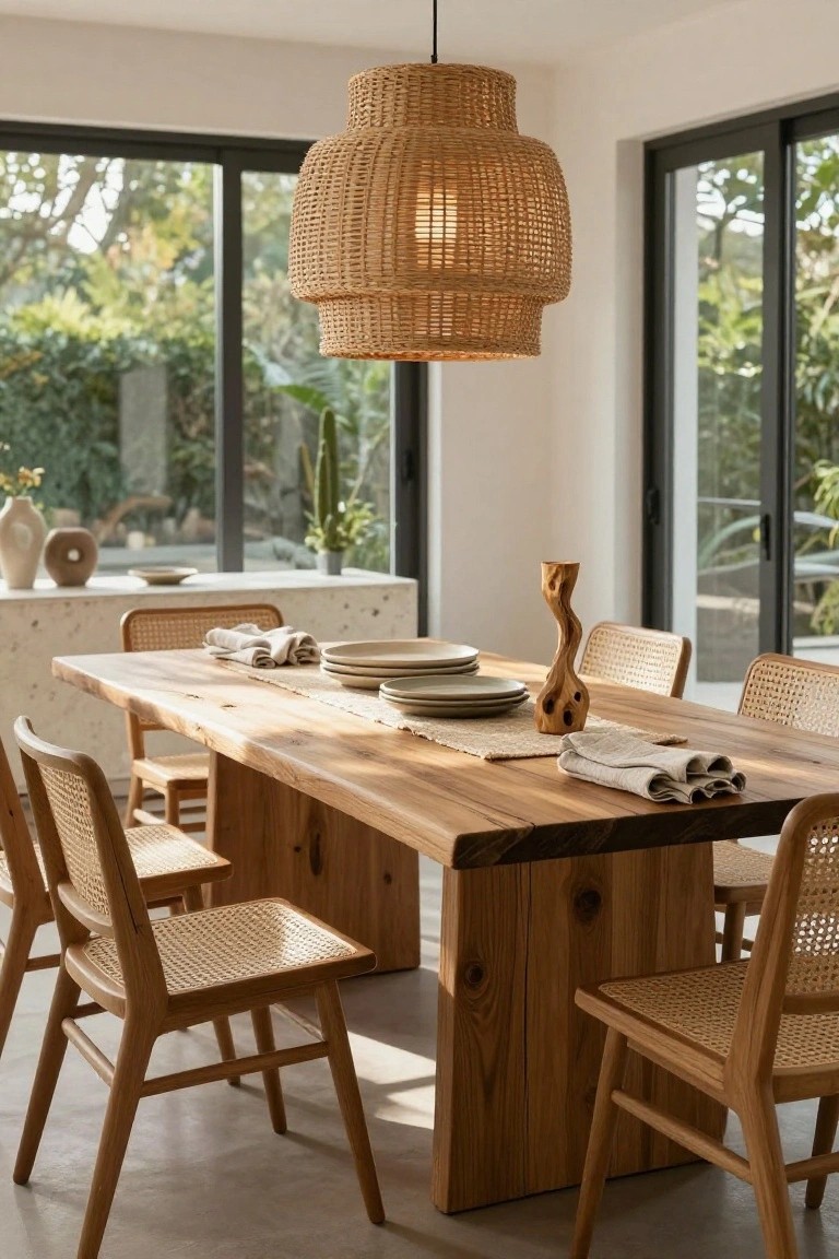 Rustic Wood Dining Table with Rattan Chairs