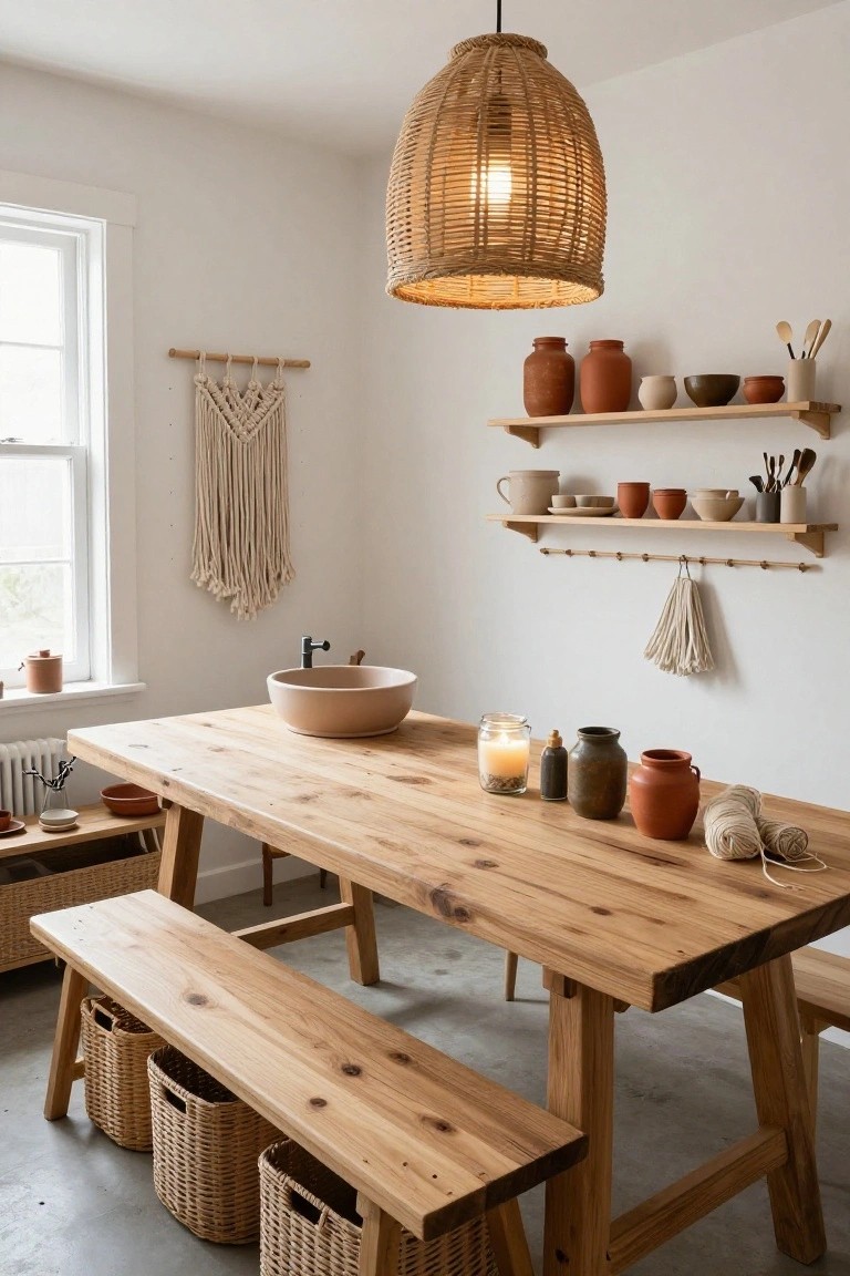 Light-filled interior room with a large rectangular wooden trestle table and benches, rattan pendant light overhead, open wooden shelves stocked with ceramic pottery and jars, macrame wall hanging, and wicker baskets stored under the benches.
