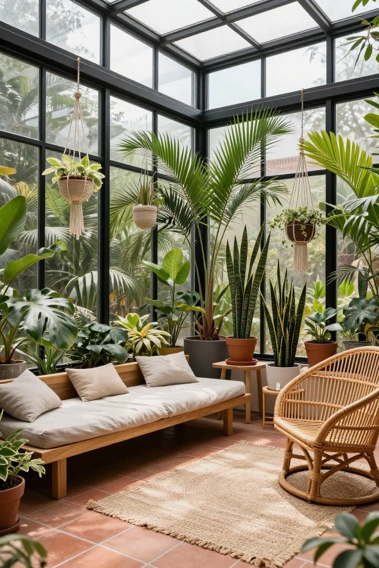 Glass-enclosed sunroom with black frames filled with potted tropical plants like palms, snake plants, monstera, and hanging pothos, plus a wooden daybed with beige cushions, rattan chair, seagrass rug, and terracotta tile floor.