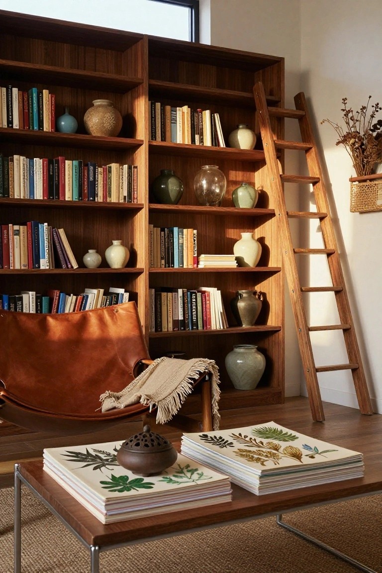 Tall wooden bookshelves filled with books and ceramic vases line a wall in a cozy room, with a wooden ladder leaning against them, a tan leather hanging chair nearby, and a low coffee table holding stacked books and an incense burner on a wooden floor.
