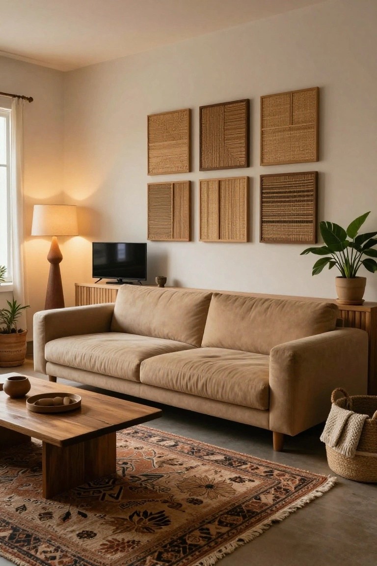 A living room with a beige upholstered sofa, wooden coffee table holding ceramics, small TV on a wood credenza, floor lamp, potted plants, woven basket, and a 3x3 grid of framed textured wood and rattan panels on the wall above the sofa, plus a patterned rug on the floor.