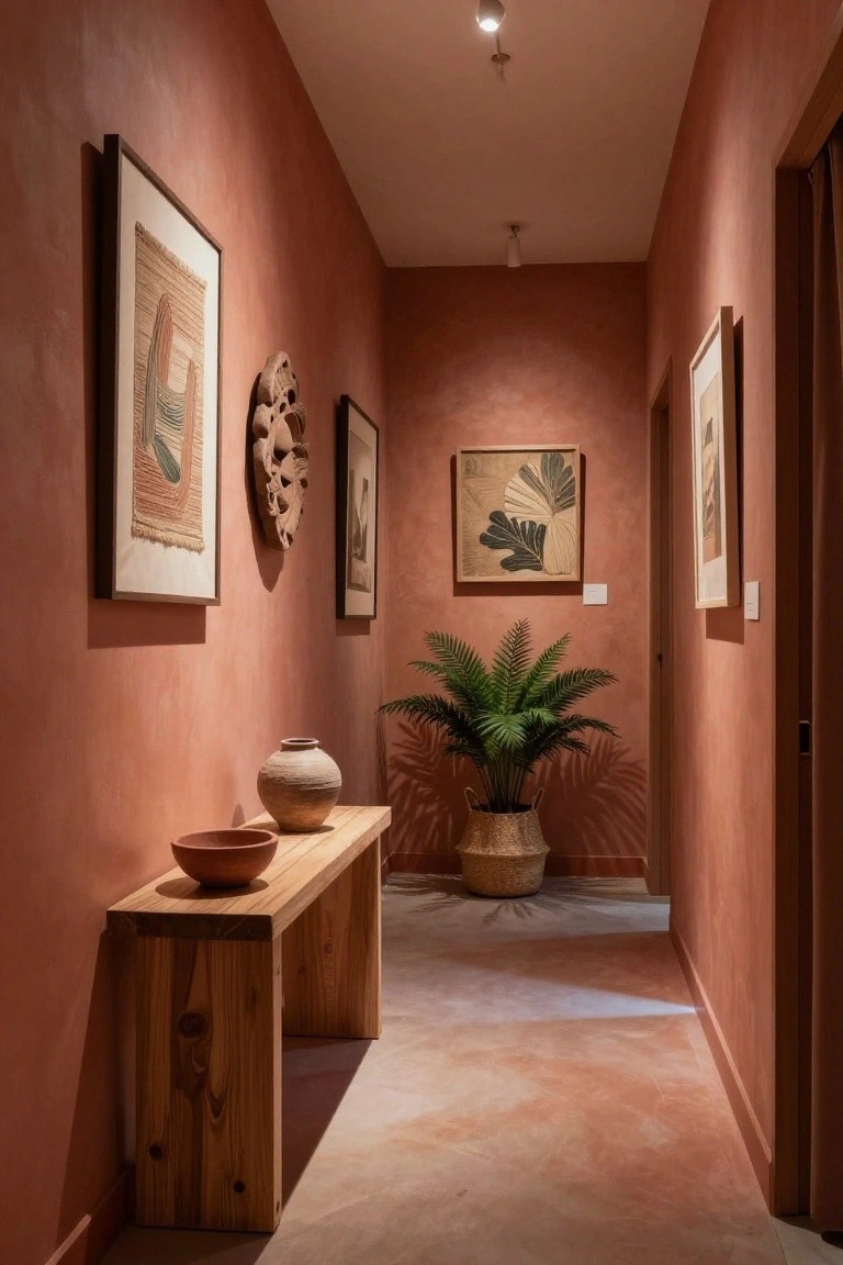 A narrow hallway with textured terracotta walls, abstract artworks, a wooden console table with terracotta pottery vessels and a potted fern in a basket.