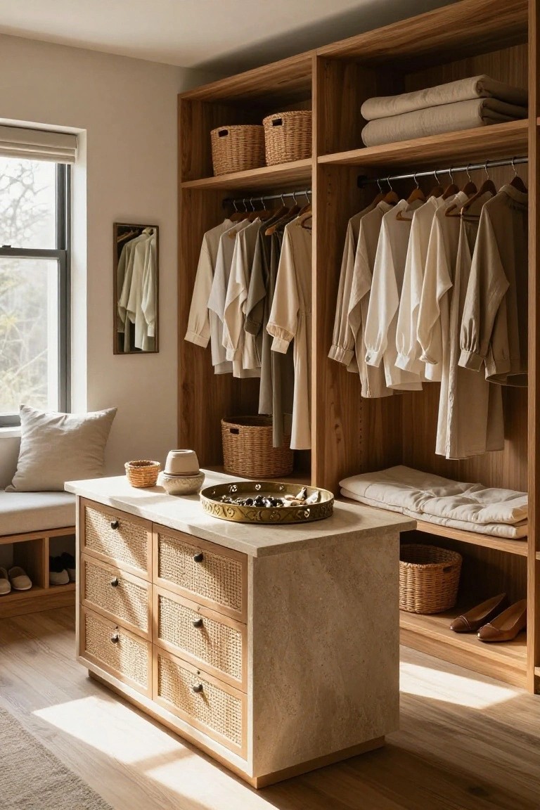 Light wood walk-in closet with open wardrobes holding hanging neutral garments, rattan baskets on shelves, central rattan-fronted dresser on stone base with brass tray, built-in bench with cushion, shoes on lower shelves, and window light.