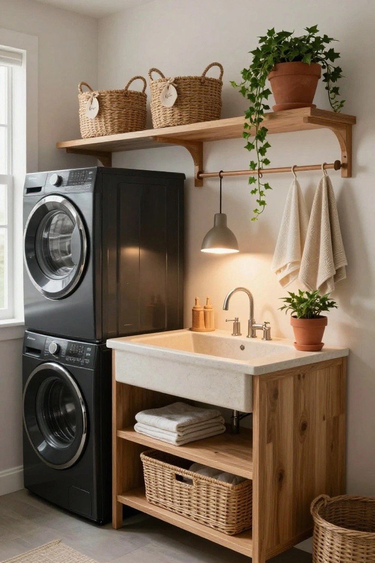 Stacked black front-loading washer and dryer next to a light wood cabinet with white farmhouse sink, open shelves holding wicker baskets and towels, potted plants, hanging linens, and ivy from wooden wall shelves in a white laundry room.