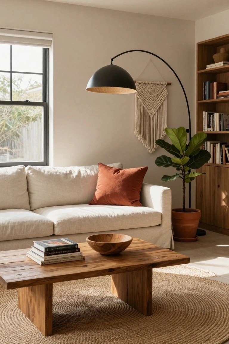 Bright living room featuring a white linen sofa with orange pillow, low wooden coffee table topped with books and wooden bowl on round seagrass rug, fiddle leaf fig plant in terracotta pot beside built-in wooden bookshelf, black arc floor lamp, and white macrame wall hanging.