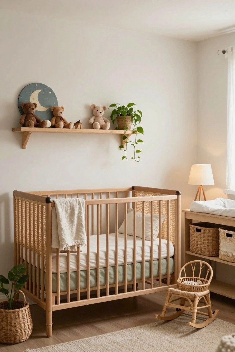 Light wooden crib with white sheet and green bumper in a neutral nursery room that includes rattan rocking chair, potted plants, teddy bears on wooden shelf, changing table, and wicker baskets.