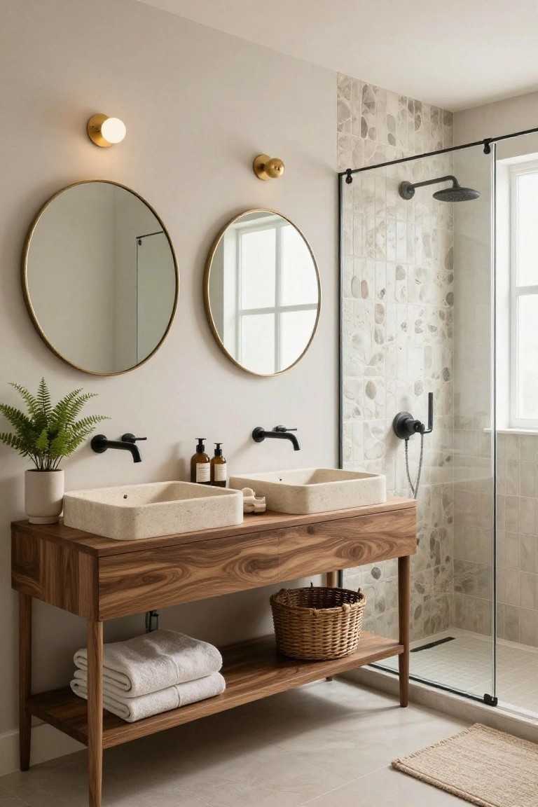 Modern bathroom interior with walnut wood double vanity holding two rectangular stone sinks, flanked by two large round gold-framed mirrors, gold wall sconces, potted fern, woven basket on shelf, white towels, and glass shower with matte black fixtures and beige pebble tile wall.