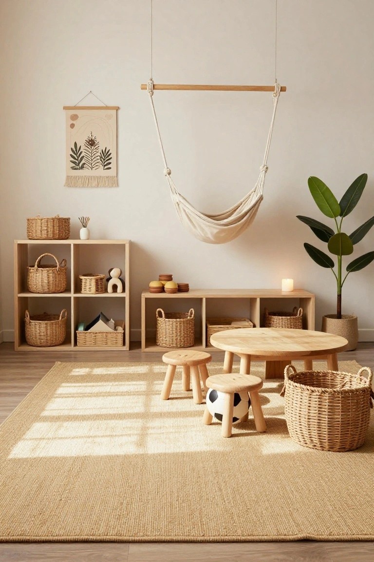 A beige playroom with wooden open shelves filled with woven baskets containing toys, a low round wooden table with three small stools, a hanging white hammock, potted plants, and a rug on the floor.