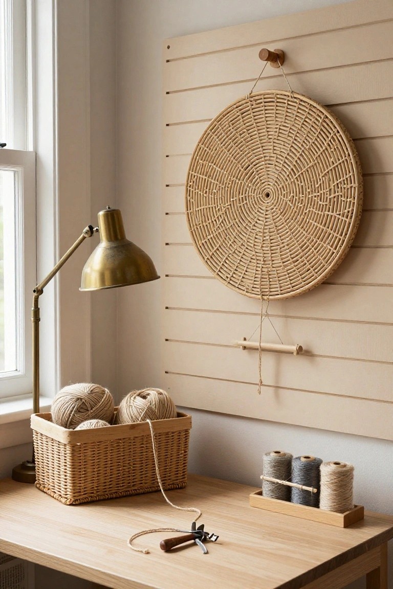 Beige slatwall panel on a room wall holds wooden hooks supporting a large round woven hanging, a wicker yarn basket, and a wooden yarn spool holder, beside a wooden desk with yarn and scissors under a brass adjustable lamp near a window.