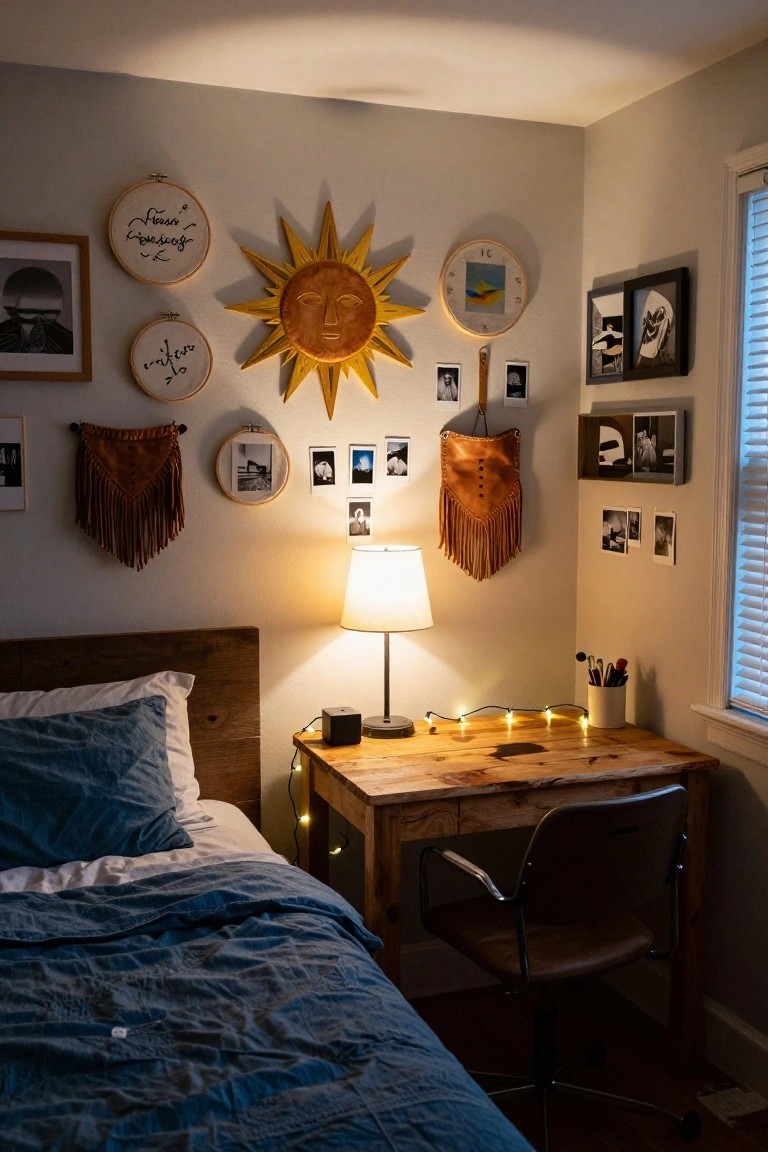 Bedroom corner with a wooden bed draped in blue bedding, a wooden desk with lamp and chair, and walls covered in embroidery hoops, macrame hangings, polaroid photos, frames, and a large golden sun sculpture.