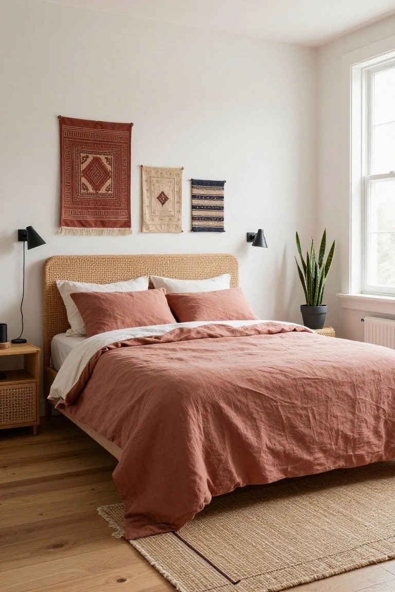 A bedroom with a rattan headboard bed draped in terracotta linens, three woven wall hangings in red, beige, and blue above the bed, black wall sconces, a potted snake plant by a window, rattan nightstand, and light wood floors with a seagrass rug.