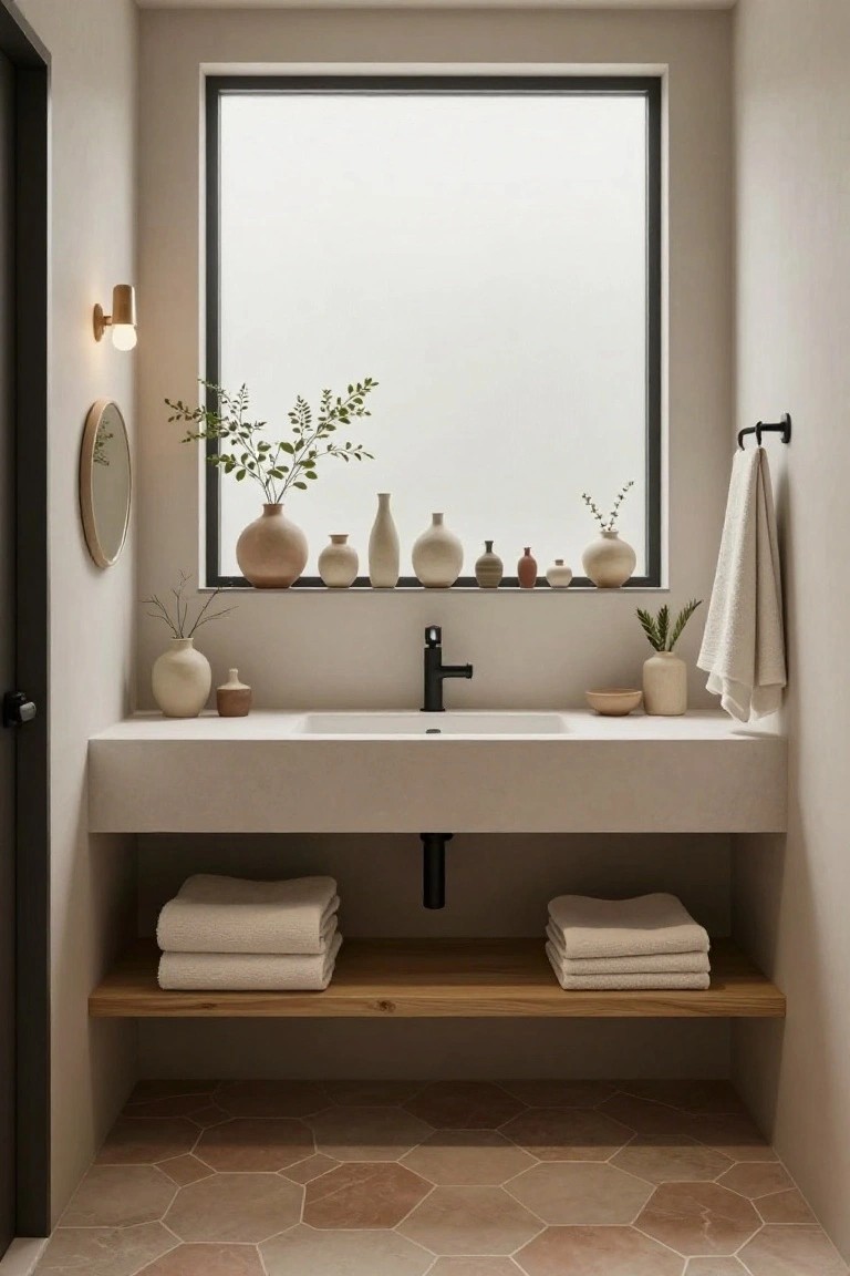 Bathroom vanity with white quartz countertop and matte black faucet below a large black-framed window lined with assorted beige ceramic vases and potted plants, round mirror on wall, towels on wooden shelf underneath, hexagonal terracotta floor tiles.