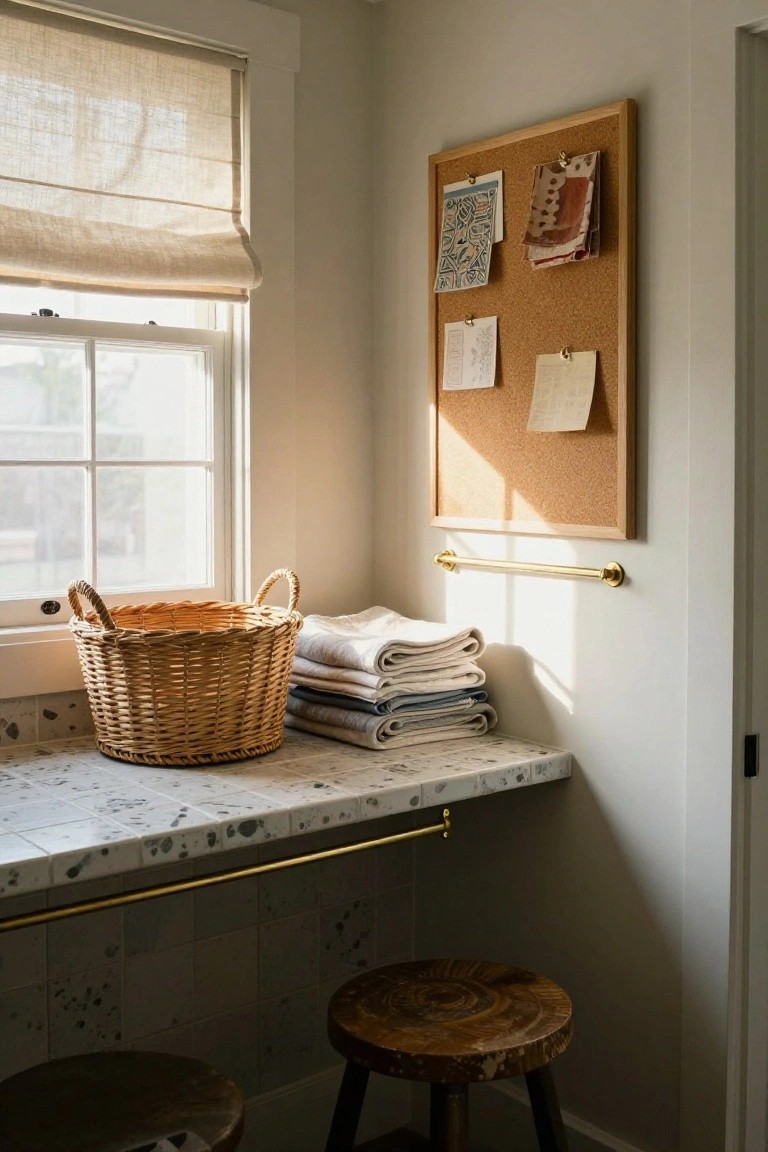 Close-up interior view of a light-filled laundry nook with linen roman shade on window, wicker basket and stacked linens on terrazzo countertop, brass towel bar, wooden stools, and corkboard on wall with pinned fabrics, papers, and notes.
