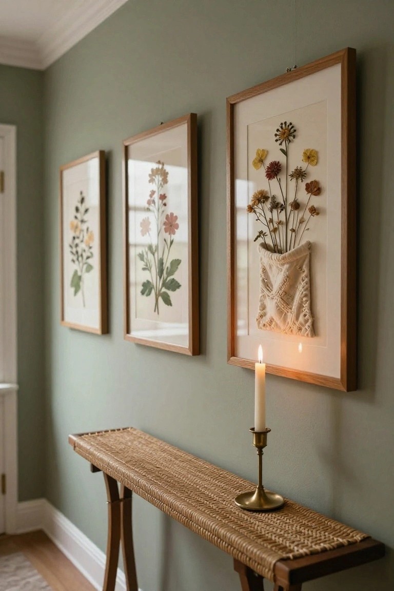Three wooden frames containing pressed and dried flowers in yellows, pinks, and neutrals hang on a sage green interior wall above a rattan console table holding a lit brass candlestick.