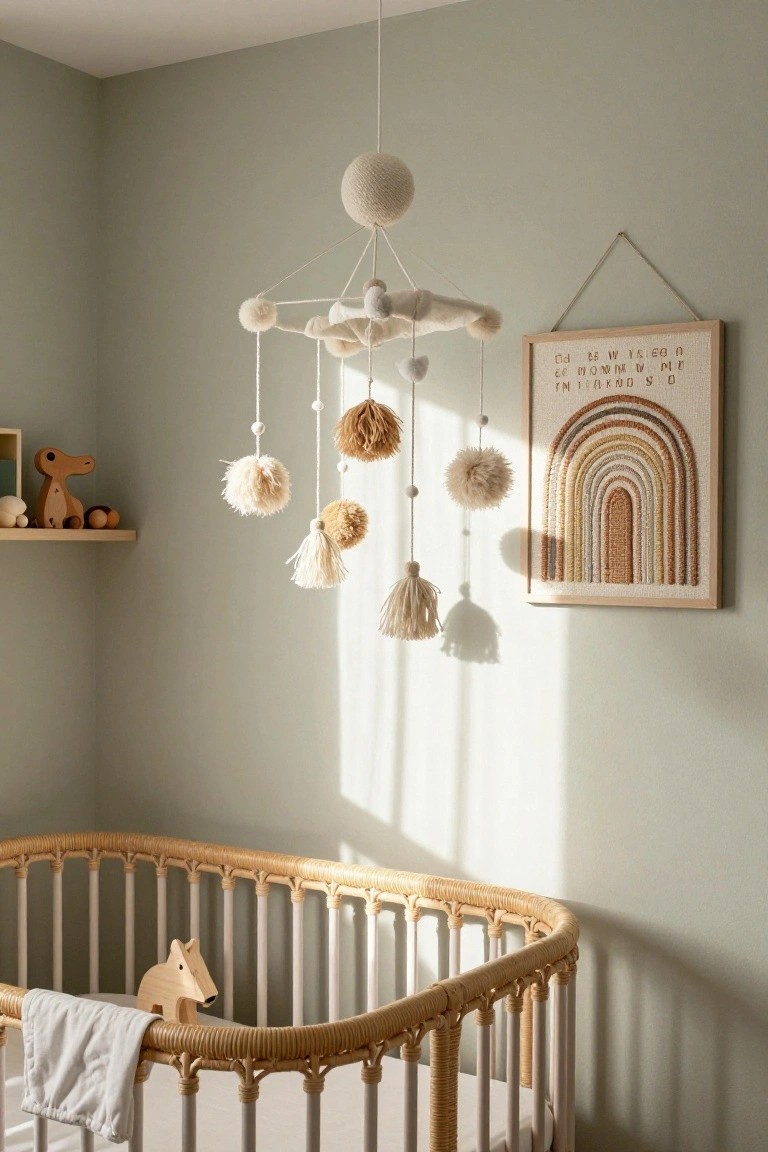 Nursery room featuring a round wicker crib with wooden fox toy, hanging white and beige pom-pom mobile from ceiling, wooden animal toys on wall shelf, and framed beige embroidered rainbow wall art with text above it, all in soft green-walled space.