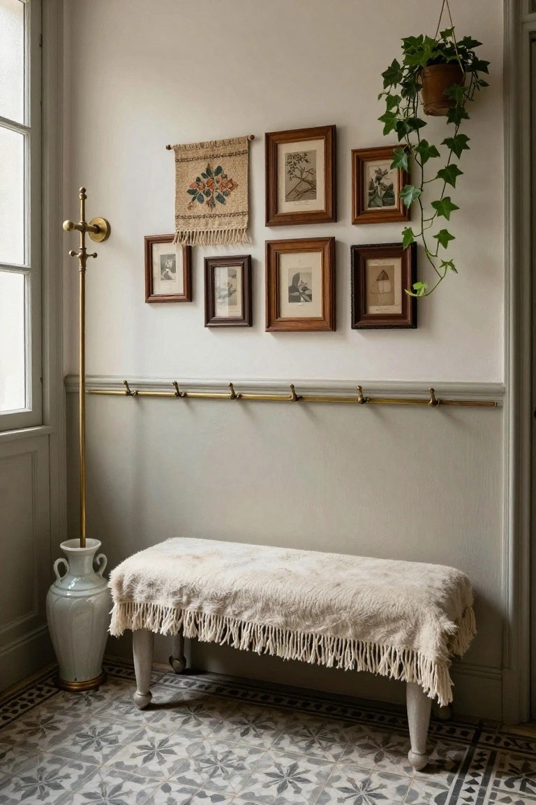 Light entryway interior with gray wainscot wall holding brass coat hooks, a bench draped in fringed cream throw, small assorted gold frames and woven floral tapestry above, hanging ivy plant, white porcelain vase, and brass floor lamp beside a window on patterned tile floor.