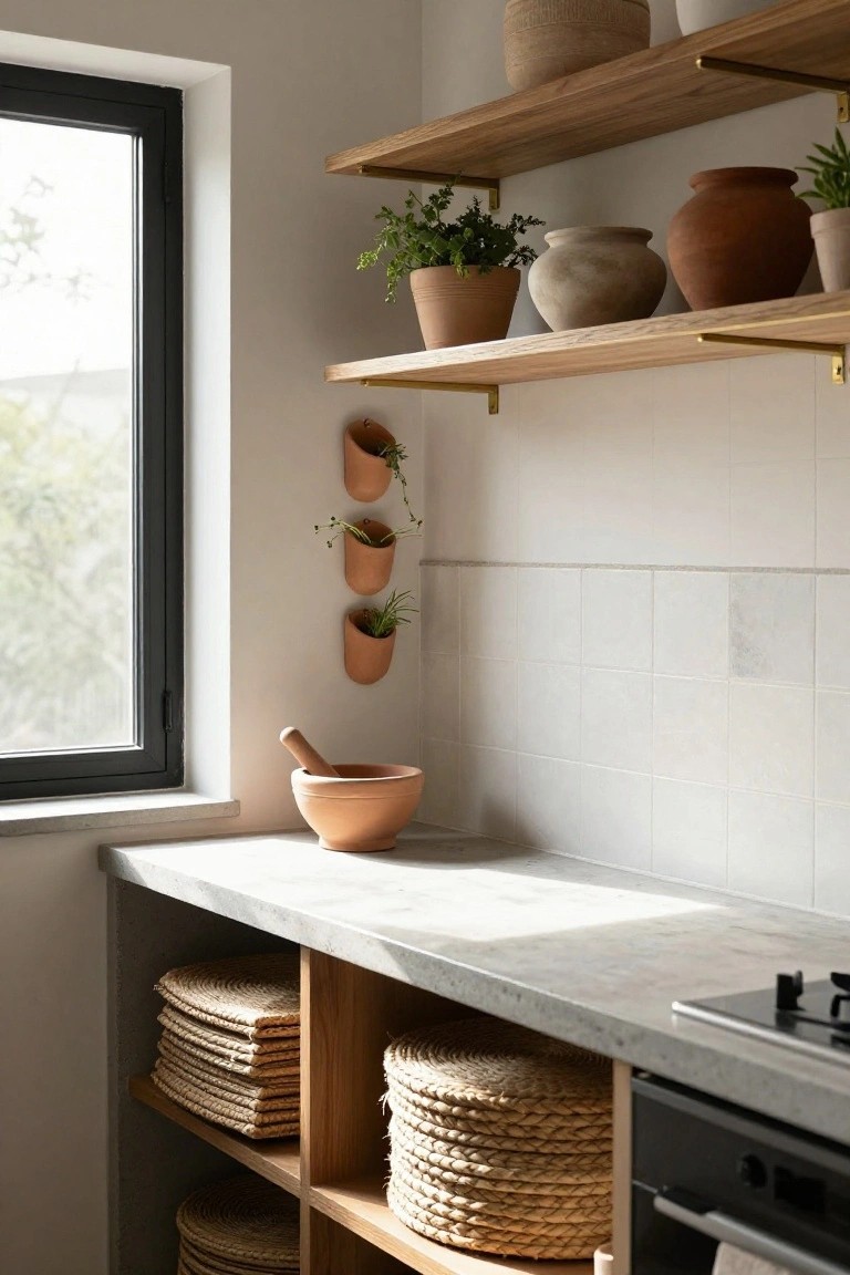 Kitchen corner featuring white subway tile wall with three vertical terracotta hanging planters containing small green plants, wooden shelves above holding ceramic pots and baskets, concrete countertop with mortar and pestle, open wood cabinet with stacked seagrass placemats, black-framed window, and gas cooktop.