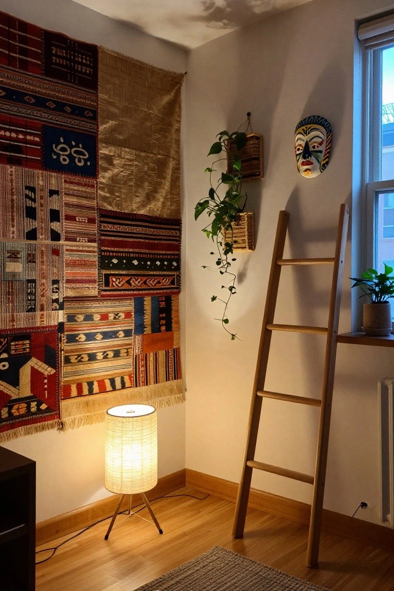 Indoor room corner with a wall covered in layered colorful woven rugs and tapestries, wooden ladder shelf, hanging ivy plant, African-style mask, tripod lamp, potted plant on windowsill, and wooden floor.