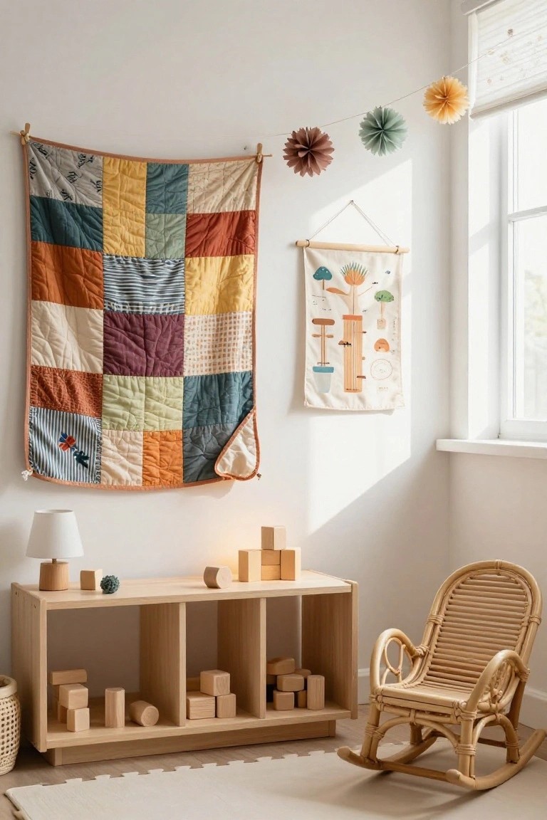 A children's nursery with a large colorful patchwork quilt hung on a white wall using clips, wooden shelves holding blocks on a low cabinet, a rattan rocking chair, a lamp, and paper garlands near a window.