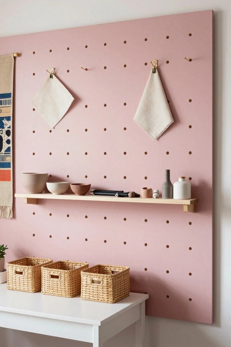 Pink pegboard wall with wooden shelf holding ceramic bowls, vases, and jars, gold hooks with hanging white cloths, tapestry on side, and three woven baskets on white table below.