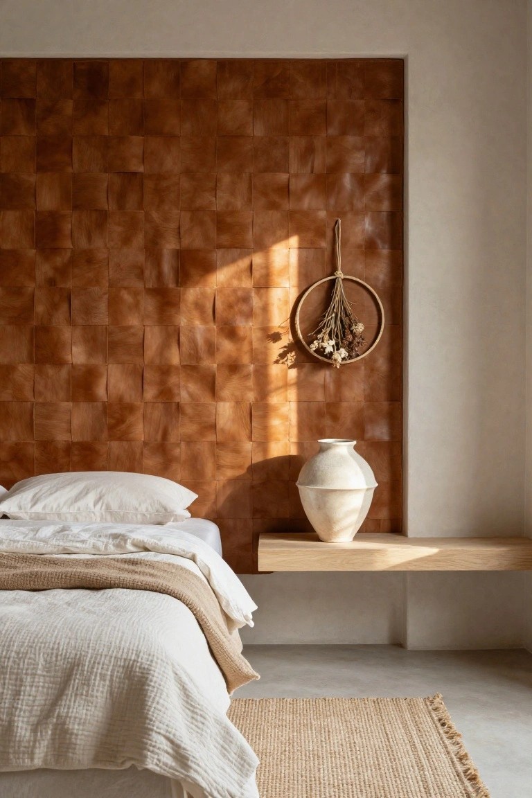 Bedroom with brown quilted leather tile wall as headboard, white duvet and pillows on platform bed, beige throw blanket, floating wood shelf with tall white vase, hanging dried flower wreath, seagrass rug, and concrete floor.