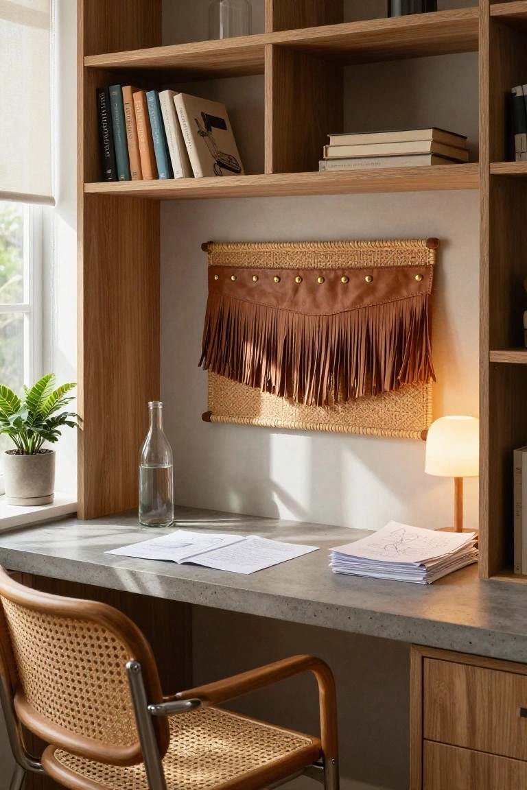 Rattan Wall Hanging with Leather Fringe