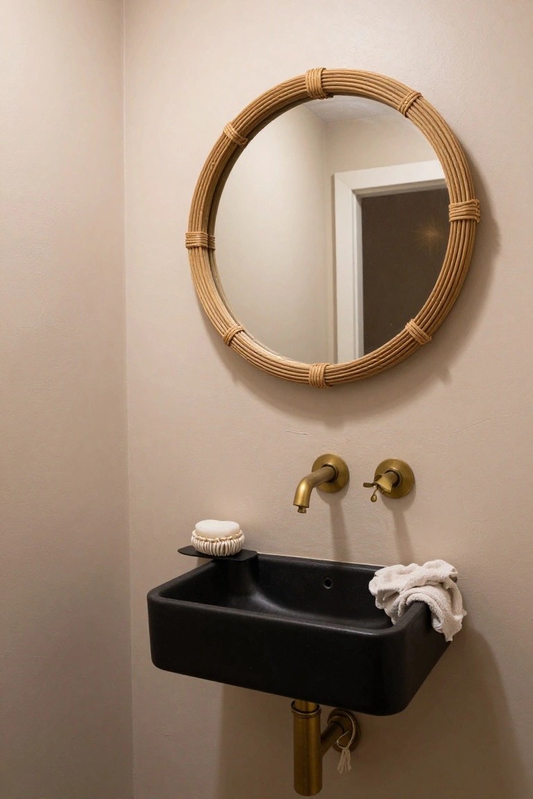 Round rattan-framed mirror mounted above a black wall-mounted sink with brass wall faucet, soap dish, and towel in a beige-walled bathroom.