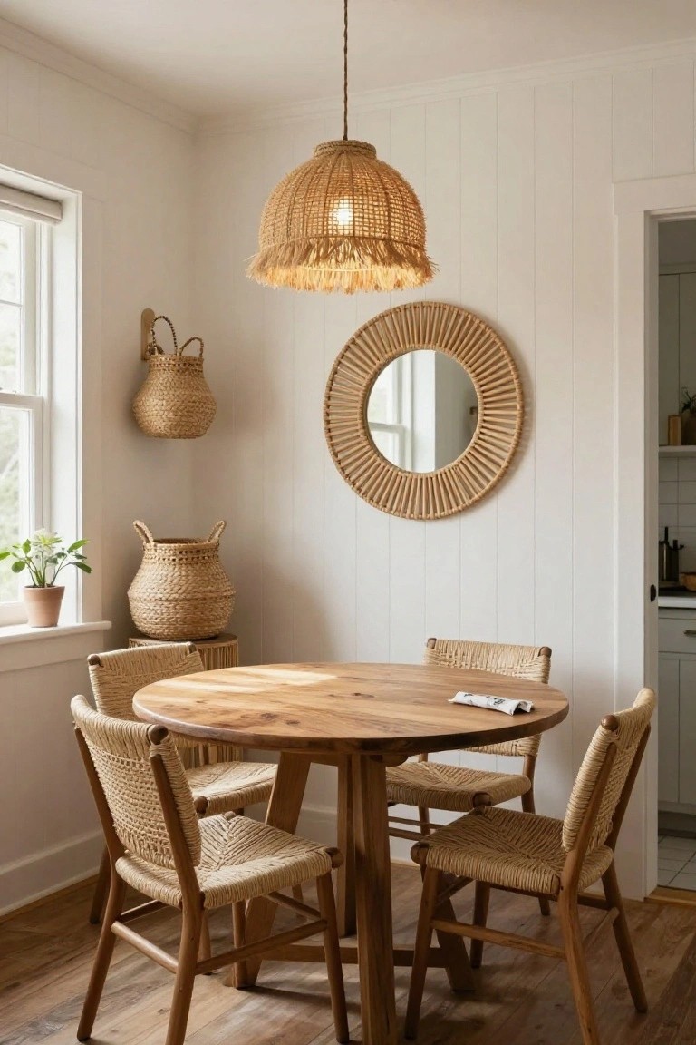 White shiplap walled dining nook with round rattan-framed mirror, woven basket sconce on wall, rattan pendant light overhead, four rattan chairs around round wooden table, potted plant on windowsill, and stacked woven baskets on stool.