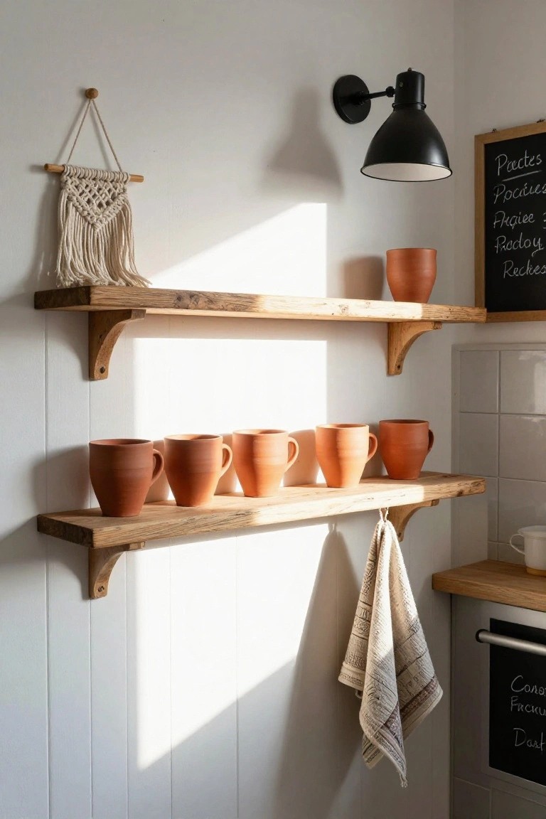 Kitchen wall with two levels of floating oak shelves holding terracotta mugs and pots, a white macrame wall hanging above, black wall lamp, chalkboard with French menu words, and striped towel hanging below.